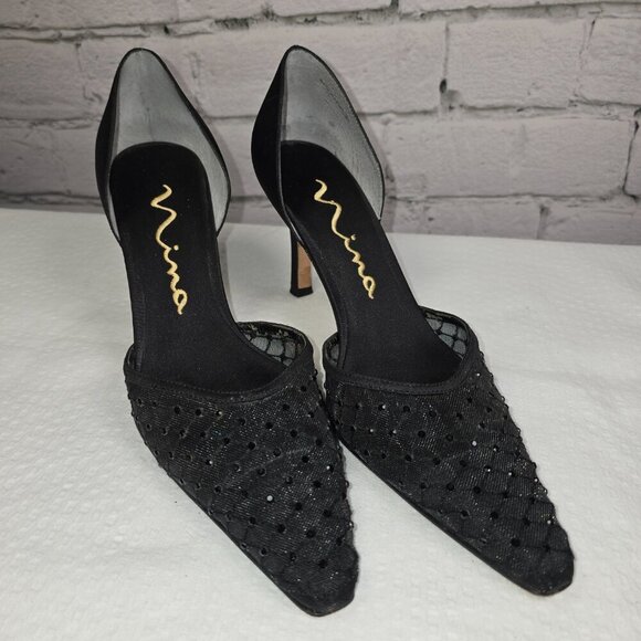 WOMENS NINA D'ORSAY PUMPS BLACK WITH MESH RHINESTONE FORMAL SIZE 7 - Picture 1 of 9